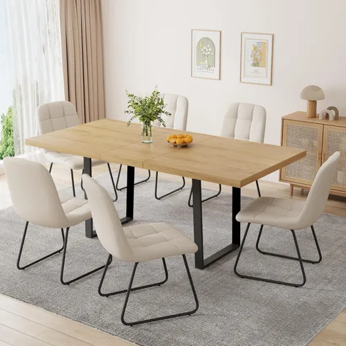 Vista 45 de ZckyCine Conjunto moderno de mesa de comedor de 5 piezas con mesa rectangular de madera y 4 sillas tapizadas en cuero, capacidad para 4 personas