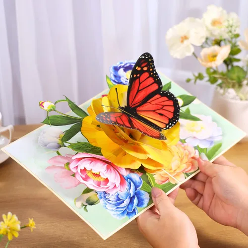 Vista 6 de Tarjeta de flores desplegables, tarjeta de felicitación, tarjeta desplegable 3D de mariposa y peonía rosa de 6 x 8 pulgadas, para el día