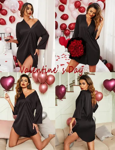 Vista 2 de Ekouaer Camisones de satén para mujer, ropa de dormir de seda con botones, manga 3/4, cuello en V, con bolsillos 01 Negro