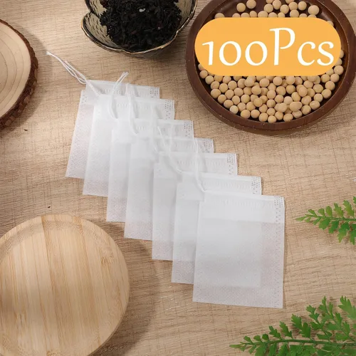 Vista 3 de 100 bolsas de té sueltas desechables de té de hojas vacías con cuerda, bolsa de té rellenable para café y especias, 3.15 x 2.4 pulgadas