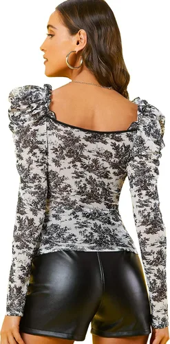 Vista 2 de Floerns - Camiseta de malla transparente manga abombada cuello cuadrado para mujer