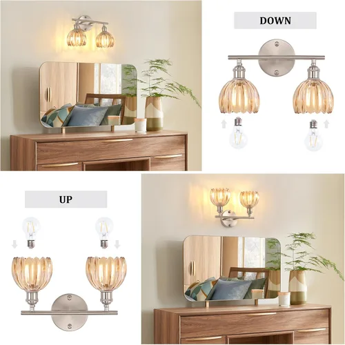 Vista 134 de Shenmoyl Lámparas de baño, lámpara de pared de 2 luces para tocador sobre espejo con pantalla de vidrio tulipán blanco para dormitorio, sala
