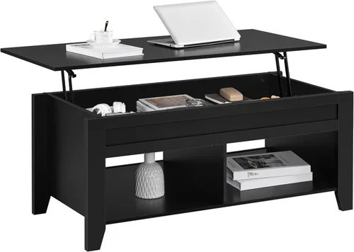Vista 14 de Yaheetech Mesa de centro de madera negra elevable, con almacenamiento oculto y 2 estantes abiertos para sala de estar, recepción, oficina, 39.5