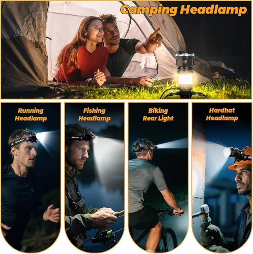 Vista 7 de 220000 Camping Headlamp and Bike Light Function 17 Modes Motion Sensor Adjustable Focus, More Than 95H Standby IP65 Waterproof, 125° Angle Head Lamp