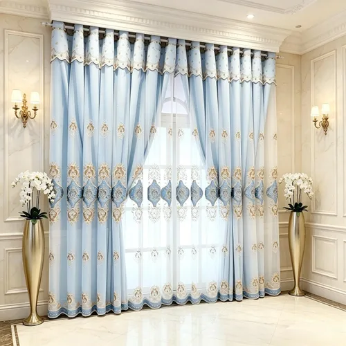 Vista 9 de Amidoudou 1 par de cortinas europeas de doble capa con cortinas transparentes para sala de estar, dormitorio, cortinas opacas bordadas de lujo Beige
