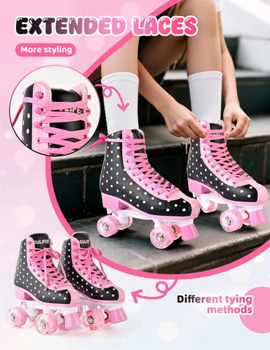 Vista 3 de SULIFEEL Patines de ruedas para niñas y mujeres con ruedas iluminadas y patrón de lunares, patines para niños y adultos para uso en interiores y al