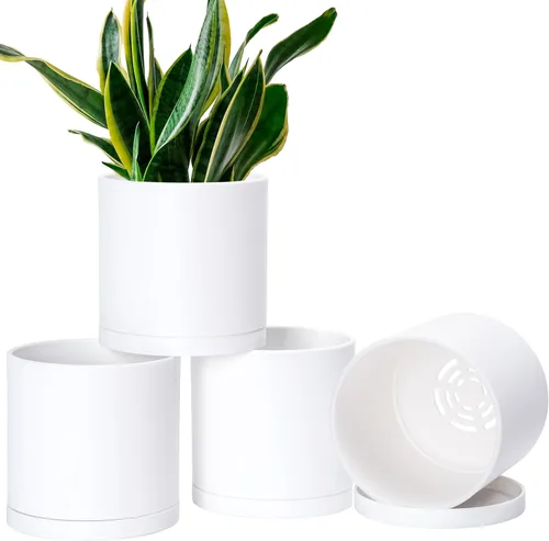 Vista 27 de D'vine Dev - Paquete de 2 macetas de plástico modernas de 4 pulgadas, pequeñas macetas de jardín para plantas con orificios de drenaje y platillos