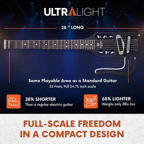 Vista 3 de Traveler Guitar Guitarra eléctrica ultraligera color negro mate zurdo portátil eléctrico con reposarazo extraíble, escala completa de 24 3/4