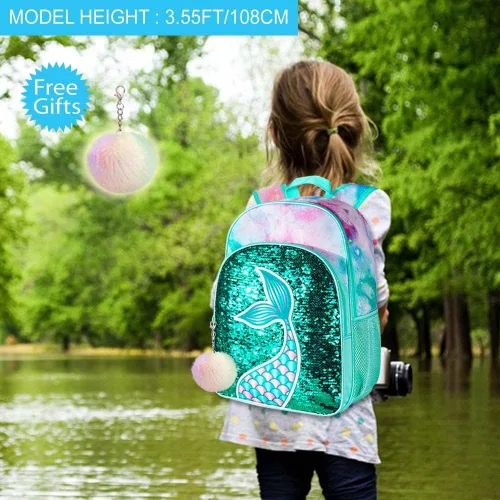 Vista 6 de 3 mochilas para niñas, 16 pulgadas con lentejuelas para preescolar y lonchera