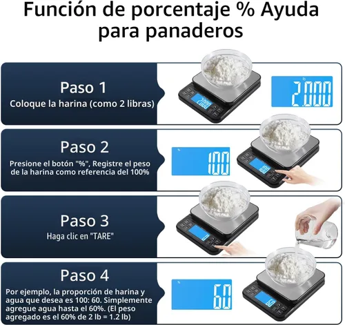 Vista 4 de BOMATA Báscula de cocina grande con alta precisión de 0.1 g/0.001 oz, báscula de panadería de 5 kg/11 lb con % de función de porcentaje, recargable
