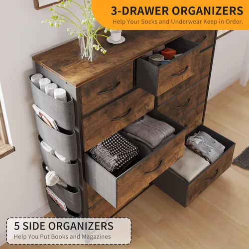 Vista 14 de Cómoda de almacenamiento de tela con 11 cajones para organización del dormitorio, cómoda con estantes profundos, bolsillos laterales y ganchos, Negro