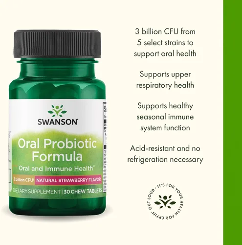Vista 4 de Swanson Fórmula probiótica oral con BLIS K12 para adultos que buscan apoyo para la salud oral, respiratoria e inmunológica, sabor natural de fresa