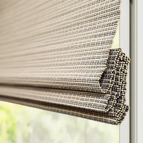 Vista 3 de Persianas romanas de bambú, persianas de madera tejidas a medida, sin cordón, color gris beige, persianas de bambú natural para puertas y ventanas