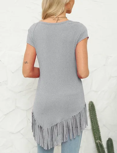 Vista 2 de liher Camisetas de verano para mujer, manga corta, raglán, cuello redondo, dobladillo asimétrico, con flecos, túnica