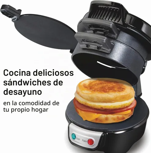 Vista 2 de Hamilton Beach Sandwichera de desayuno con anillo para cocinar huevos, ingredientes personalizados, perfecta para magdalenas inglesas, croissants
