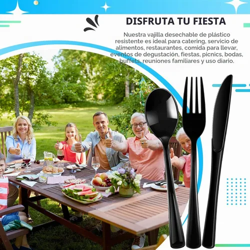 Vista 6 de Minatee Juego de 150 piezas de cubiertos desechables de plástico, juego de cubiertos de acero inoxidable resistente, 50 tenedores, 50 cuchillos, 50