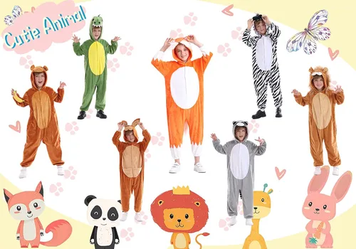 Vista 6 de Disfraz unisex de animales para niños, pijama de animales con capucha de felpa, para Halloween, carnaval, animal, para niños y niñas