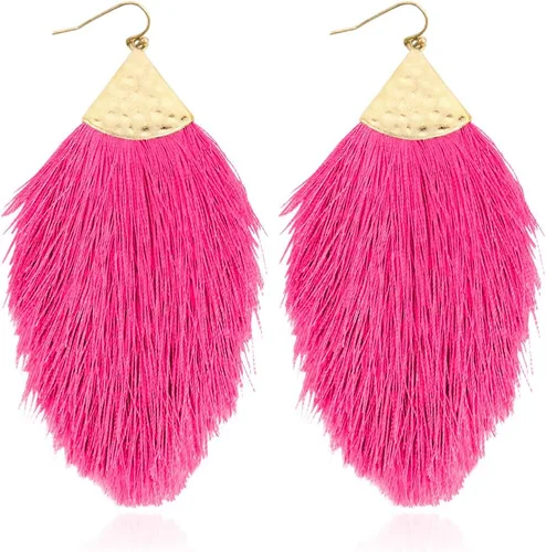 Vista 40 de Aretes bohemios de hilo sedoso con flecos y borlas – Ligeros, colgantes, con hebras y forma de pluma Fleco de plumas - Azul Aqua