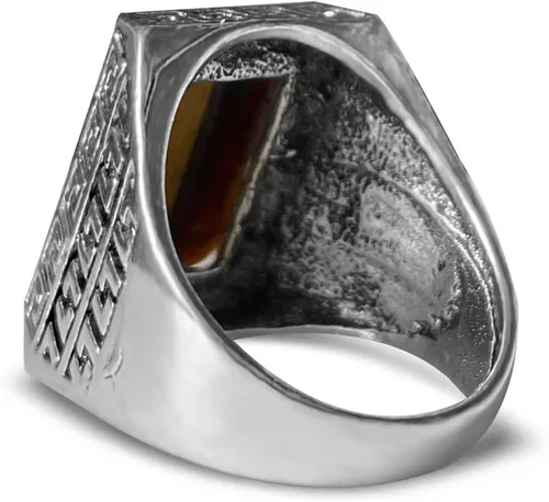 Vista 3 de DALEGEM Anillo de piedra de ojo de tigre amarillo genuino para hombres y mujeres, anillo turco retro vintage de cristal de cuarzo piedras preciosas