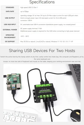 Vista 4 de Waveshare HUB USB de grado industrial, extendiendo 4 puertos USB 3.2, hosts duales conmutables, múltiples protecciones