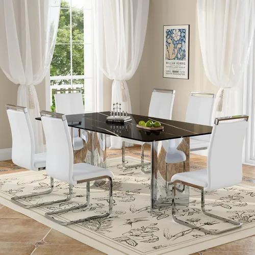 Vista 21 de Juego de mesa de comedor moderno para mesa de comedor de cristal de 6, 7 piezas, mesa de mármol sintético de 71 pulgadas con base de acero