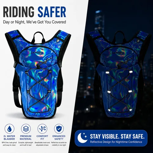 Vista 5 de Mochila de hidratación reflectante, paquete de hidratación, mochila de agua con vejiga de hidratación de 2 litros, esencial para festivales, paquete