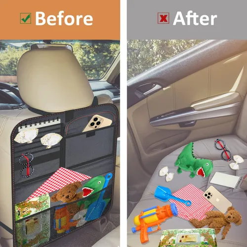 Vista 4 de Organizador de asiento trasero de automóvil de tela Oxford con bandeja plegable para usar como mesa infantil y bolsa de viaje para guardar artículos