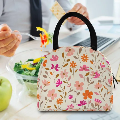 Vista 6 de Pequeñas flores patrón de follaje rosa naranja beige claro portátil lonchera mujeres aisladas bolsas de almuerzo para mujeres para camping bolsos