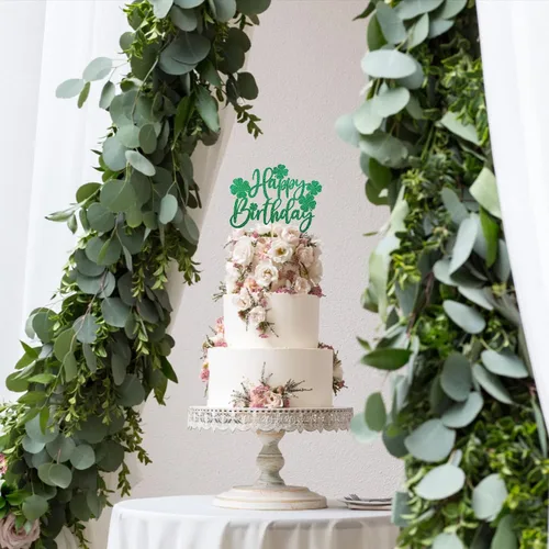 Vista 7 de 1 paquete de decoración para pastel de cumpleaños del día de San Patricio con purpurina verde de trébol de la suerte de cuatro hojas, trébol