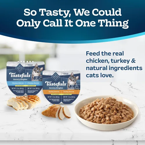 Vista 3 de Blue Buffalo Tastefuls Savory Singles - Paquete variado de comida húmeda para gatos en salsa, bandejas de 2.6 onzas, entreé de pollo y pavo