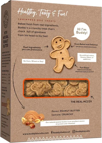 Vista 2 de Buddy Biscuits Grain Free Dog Treats, al horno en los EE. UU., Trate de gran tamaño con mantequilla de maní natural 14 oz Sin granos, golosinas
