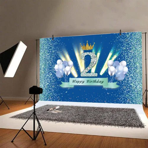 Vista 4 de Fondo azul para cabina de fotos de 2º cumpleaños para niños, decoración de fiesta de segundo cumpleaños, telón de fondo de fotografía para niños