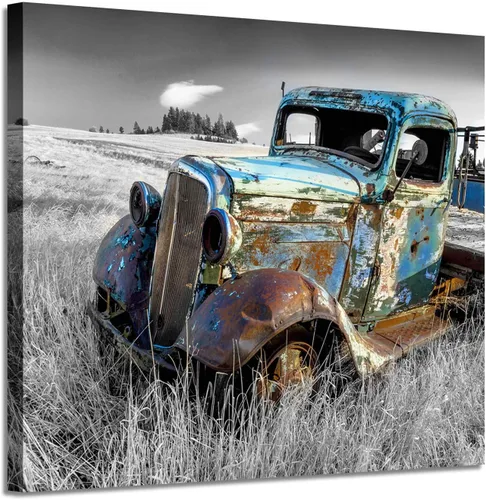Vista 14 de Lienzo decorativo para pared de automóvil oxidado: cuadros de camiones viejos impresos en lienzo para dormitorio