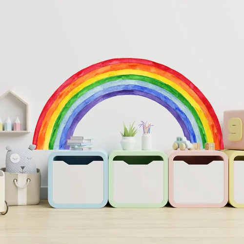 Vista 5 de Calcomanías de pared de arcoíris grandes de acuarela de 70.8 x 33.9 pulgadas, calcomanías de pared de vinilo arcoíris con raspador para niñas