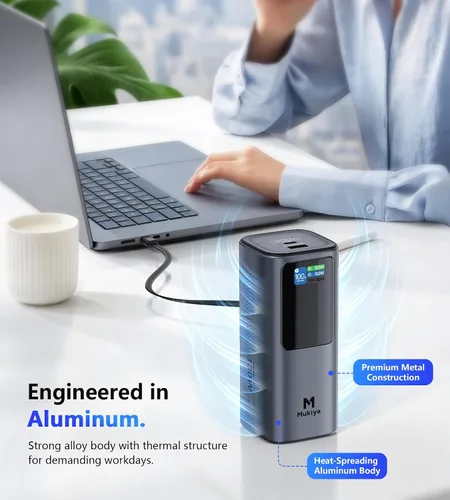 Vista 8 de Mukiya Laptop Power Bank, 20,000mAh 130W Built-in Retractable USB C Cable