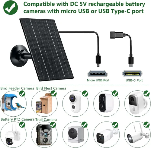 Vista 3 de Zivif Panel solar de 4 W para cámaras de seguridad, cargador solar de 5 V con puertos micro USB/USB-C, impermeable IP65, montaje ajustable de 360°