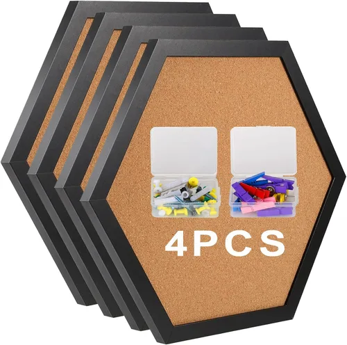 Vista 10 de Tablón de anuncios de corcho para paredes, tablero hexagonal de 1/2 pulgada de grosor para paredes con marco, corchete pequeño negro con 10 pines