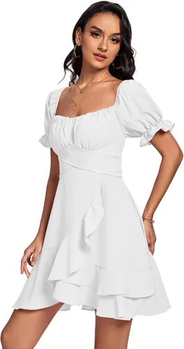 Vista 3 de LYANER Minivestido cruzado con volantes y cuello cuadrado para mujer, hombros descubiertos, manga corta, acampanado, vestido fluido