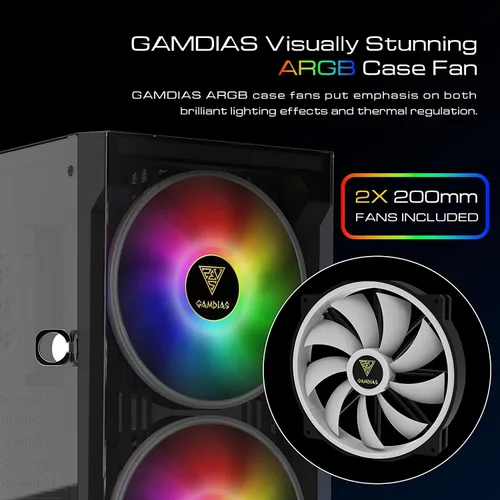 Vista 11 de GAMDIAS ATX Mid Tower - Carcasa para computadora de videojuegos para computadoras de escritorio y PC, 2 ventiladores ARGB LED de 7.874 in