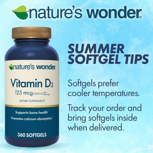 Vista 9 de Nature's Wonder Vitamina D3 5000iu (125mcg) de alta potencia, suplemento dietético para apoyar la salud ósea y el sistema inmunológico, sin gluten