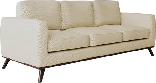 Vista 3 de LeisureMod Chester - Sofá moderno de cuero y malla de 3 plazas con base de madera de abedul Sofá de sala de estar de mediados de siglo (malla beige)