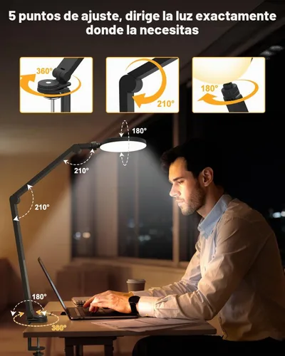 Vista 5 de Lámpara de escritorio LED de 10 W con abrazadera y brazo ajustable para oficina en casa, control táctil, luz de cuidado ocular para lectura con 5