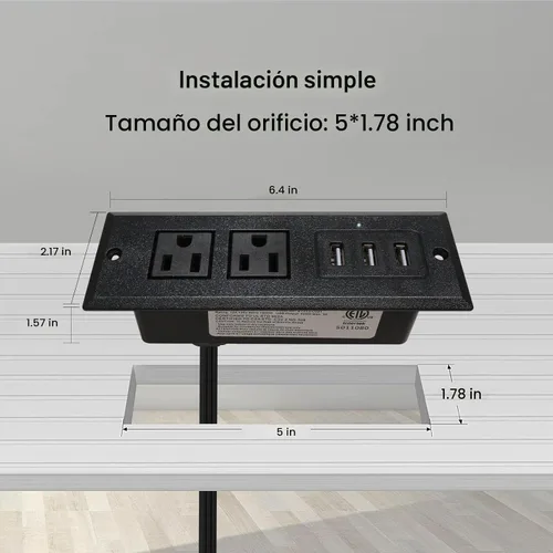 Vista 2 de Regleta de alimentación empotrable de escritorio con enchufe USB de montaje empotrado, 2 tomas de corriente, 3 puertos USB (15 W/3 A), estación