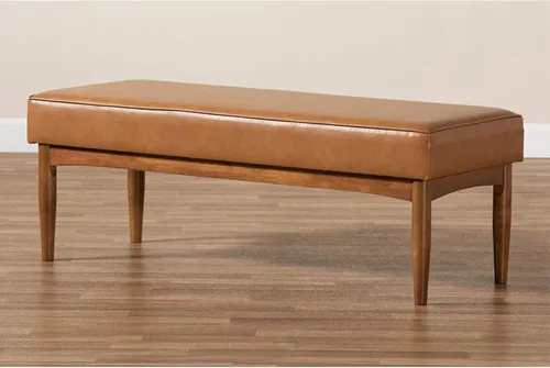 Vista 7 de Baxton Studio Arvid Mid-Century - Banco de comedor de madera tapizado de piel sintética y acabado marrón nogal