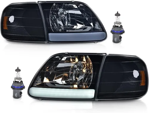 Vista 19 de Faros LED DRL, faro lente transparente carcasa negra reflector ámbar