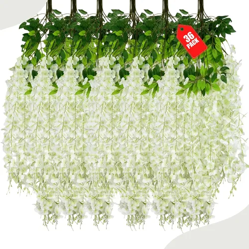 Vista 55 de Paquete de 12 flores colgantes de glicina rosa, flores colgantes falsas de 3.44 pies, guirnalda de glicina artificial para decoración de boda, telón