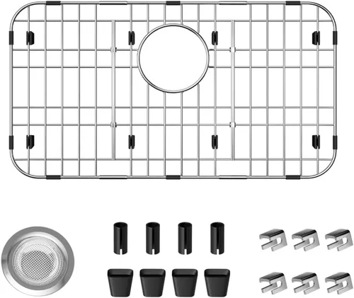 Vista 15 de Paquete de 2 rejillas de metal dorado para fregadero de cocina, 13"L X 11.6"W, protectores de fregadero de acero inoxidable con orificio de drenaje