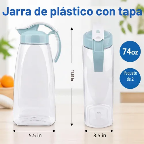 Vista 2 de Frcctre Paquete de 2 jarras de agua de plástico con tapa, jarra hermética transparente de 74 onzas para jugo, café, té helado, limonada, resistente