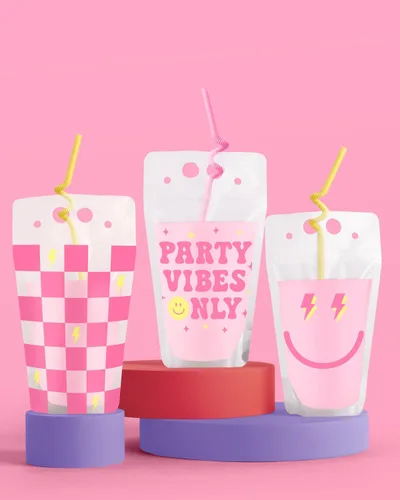 Vista 3 de xo, Fetti Preppy Party - Bolsas para bebidas de cumpleaños – 15 unidades Bonitas tazas de fiesta de cumpleaños, decoraciones de fiesta sonriente