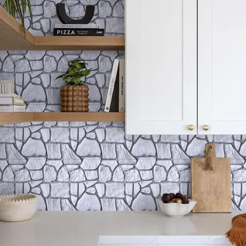 Vista 2 de Commomy 10 paneles de pared de piedra 3D para despegar y pegar, panel de pared de piedra sintética de 11.8 x 11.8 pulgadas, papel tapiz de ladrillo